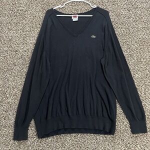 Lacoste Mens Large Black Cotton Cashmere V-Neck Sweater Logo Pullover Devanlay‎